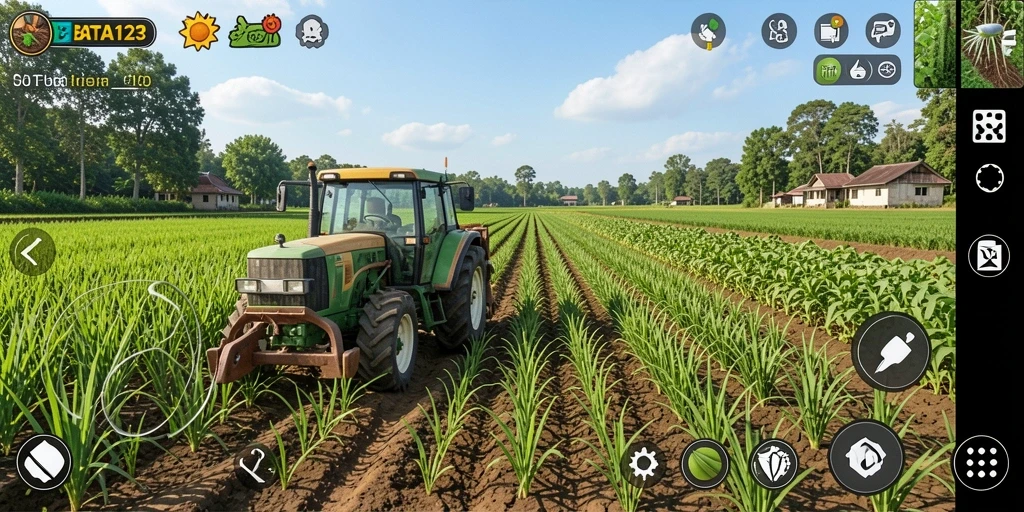 Screenshot utama BATA123 menampilkan ladang yang subur dan hewan ternak yang bahagia.
