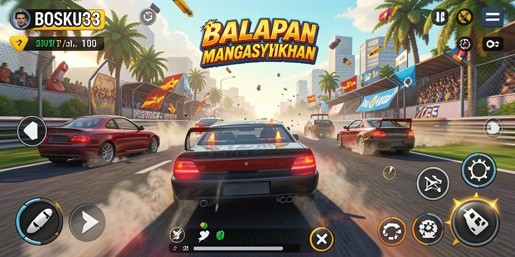 Screenshot gameplay menunjukkan balapan mendebarkan di trek yang beragam.