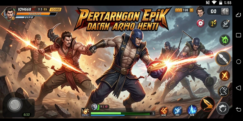 Tangkapan layar utama IDN668 menampilkan pertarungan spektakuler di arena.