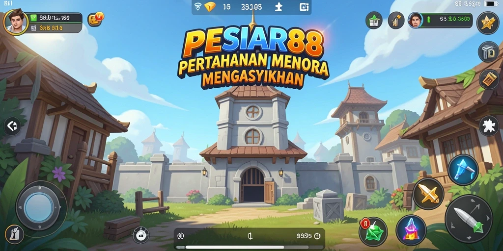 Screenshot gameplay PESIAR88 menampilkan menara pertahanan melawan gelombang musuh.