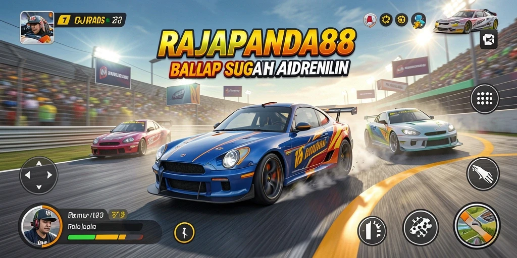 Menampilkan gameplay mendebarkan dari RAJAPANDA88 dengan mobil balap yang cepat.