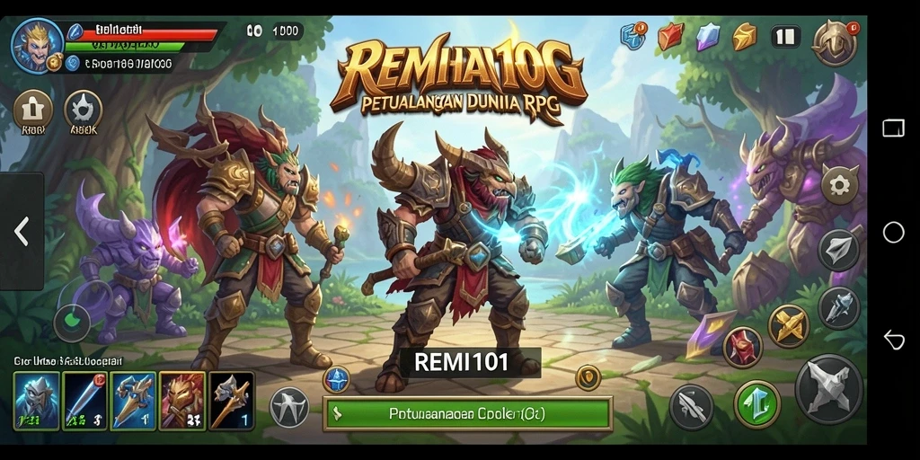 Screenshot utama REMI101 menampilkan pertarungan seru dalam dunia RPG yang luas.